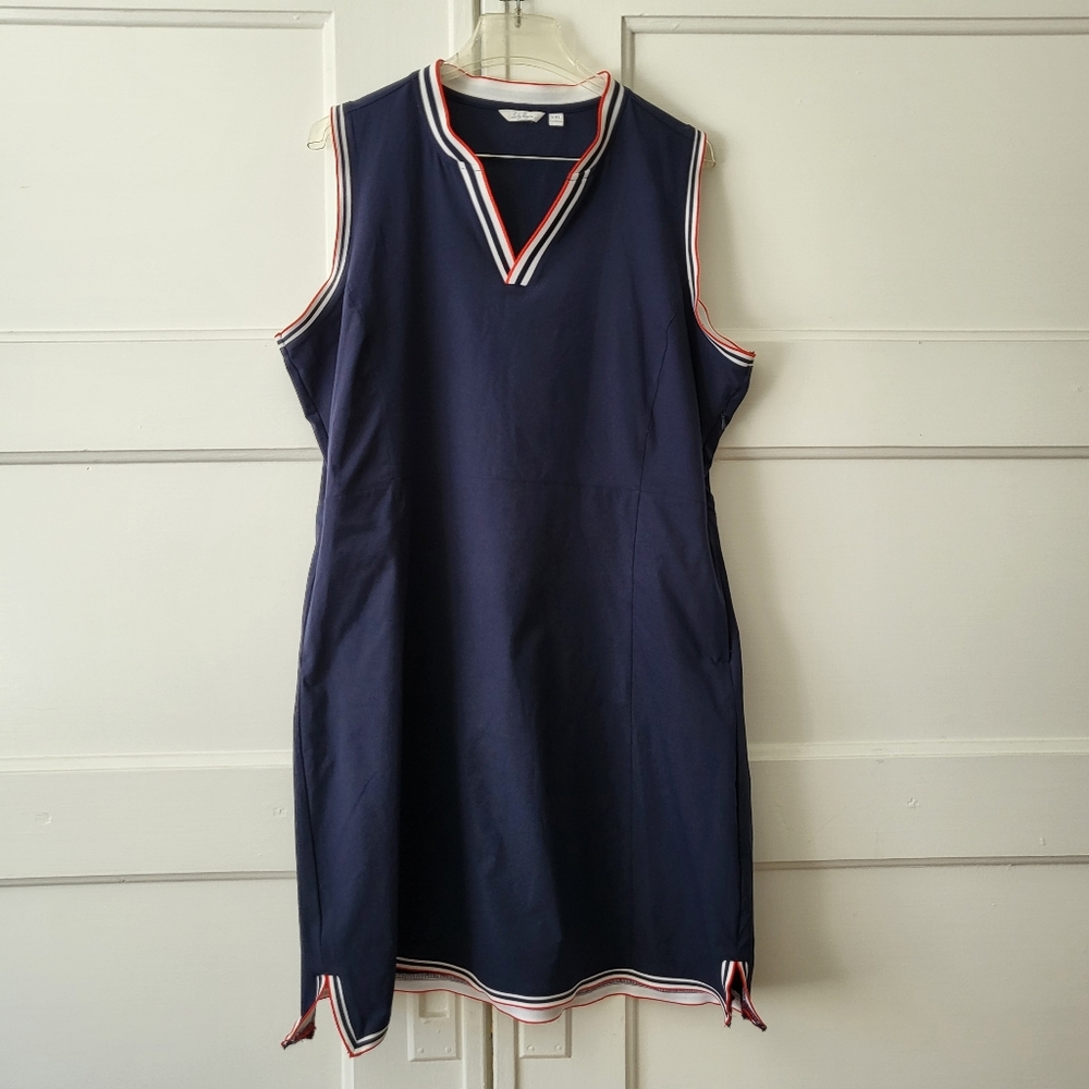 Lady Hagen Navy Sleeveless Midi Dress with Red-White Trim